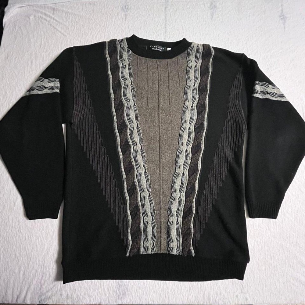 Protege‎ Collection Mens XL Black Gray Textured Knit Sweater Pullover Vintage 3D